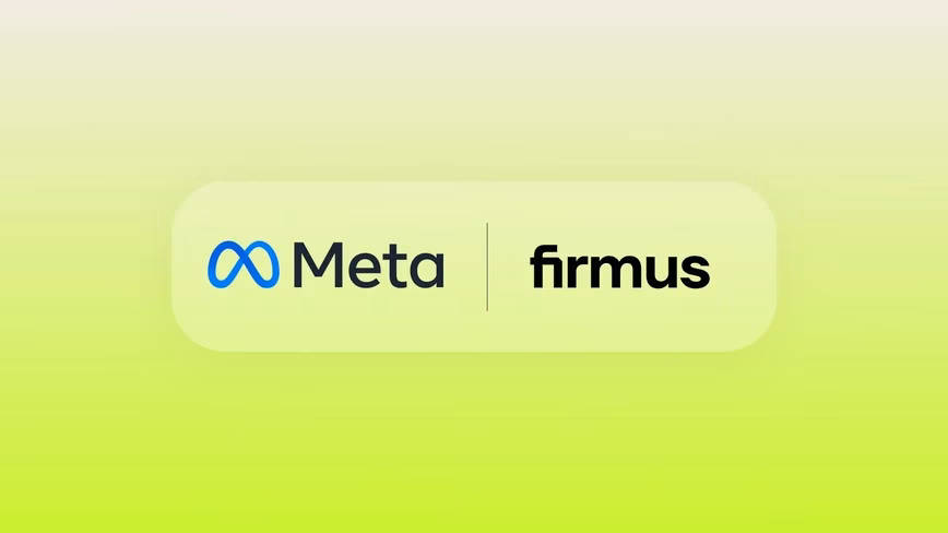 Meta and Firmus logos side by side in a pale rounded panel on a lime-green gradient background.