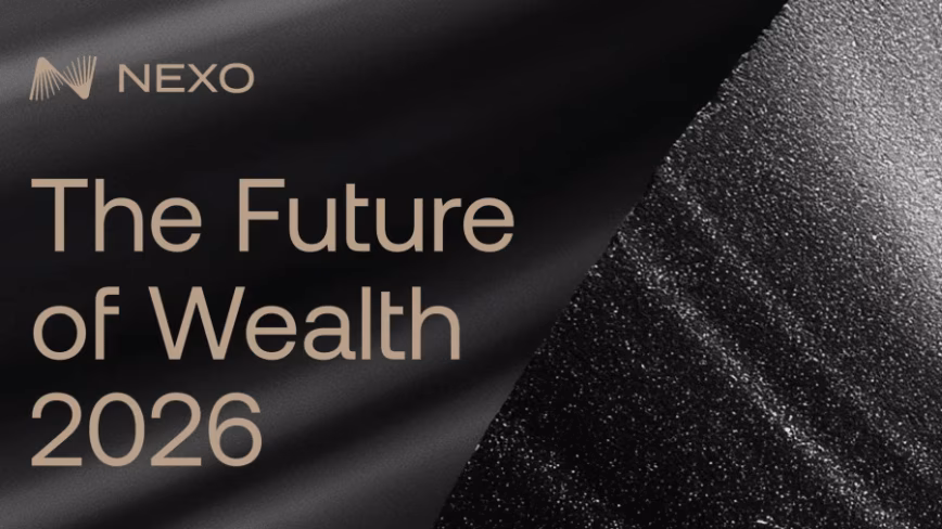 Nexo report cover reading "The Future of Wealth 2026" in gold lettering on a black background with a textured silver fold