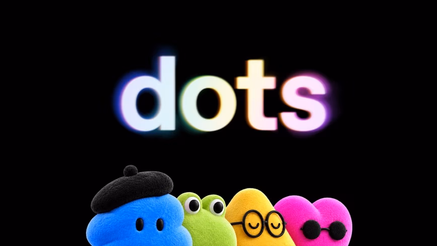 The word dots in glowing rainbow letters above four fluffy mascots, blue with a beret, green, yellow with glasses and pink with sunglasses, on black