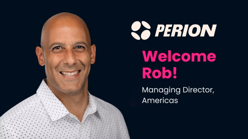 Rob DeSalvo in a white patterned shirt beside the Perion logo and the words Welcome Rob, Managing Director, Americas