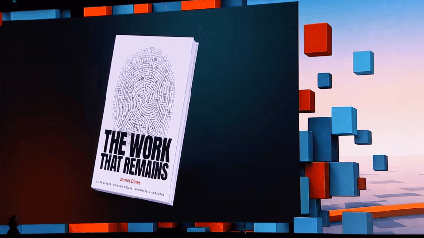 Book cover for The Work That Remains by Daniel Dines, a fingerprint made of maze lines above bold black title text, shown on a stage screen