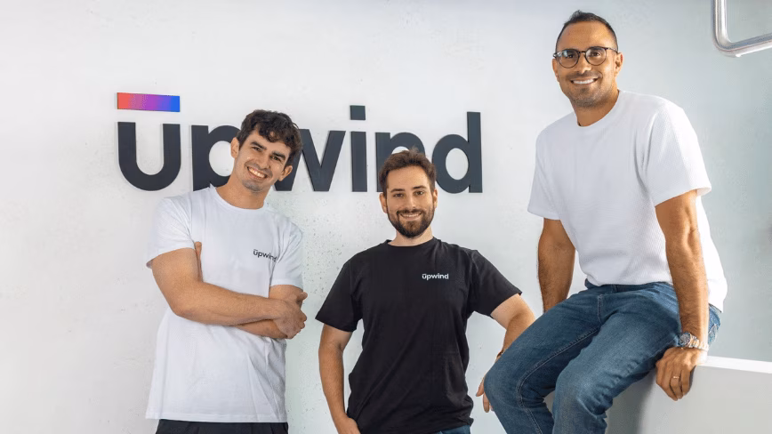 Upwind CEO Amiram Shachar, seated on the right, with Aegis co-founders Omri Limor and Saar Ankonina