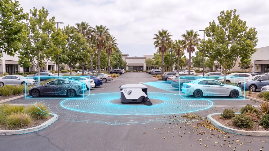 The Viabot One sweeping robot in a parking lot, with cyan sensor rings and detection boxes drawn around nearby cars