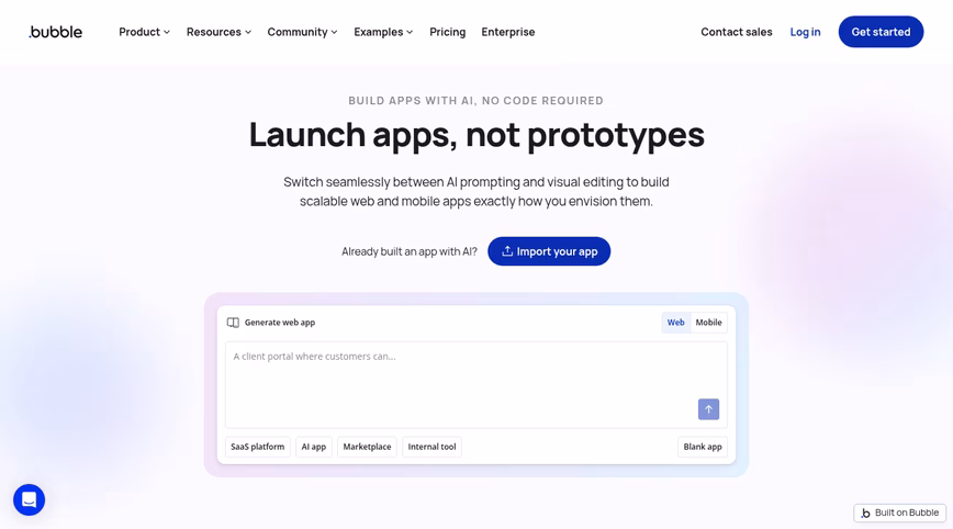 Screenshot of Bubble homepage white with purple shadows background 