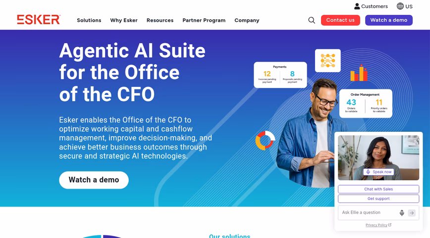 Esker homepage, blue with turquoise background with the slogan, watch demo button and a picture of a man in a blue denim shirt with a laptop in his hands.