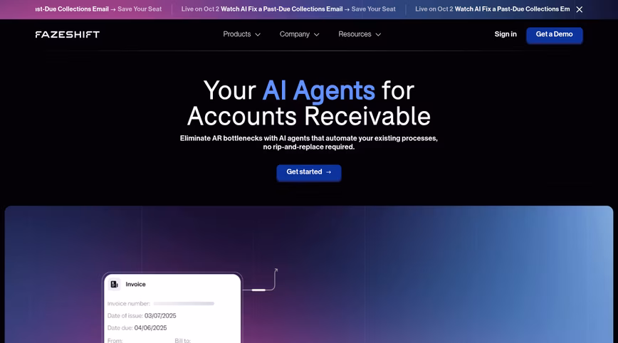 Fazeshift homepage on a black and purple background with a get started button on a blue background underneath the companies slogan