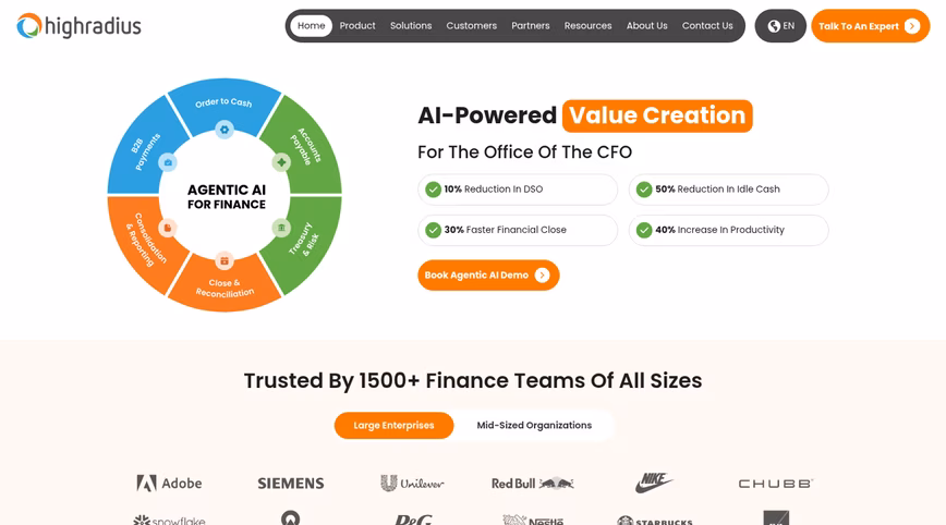 Highradius hompage, graphic on agantic Ai for finance on a white background plus the software's value proposition 