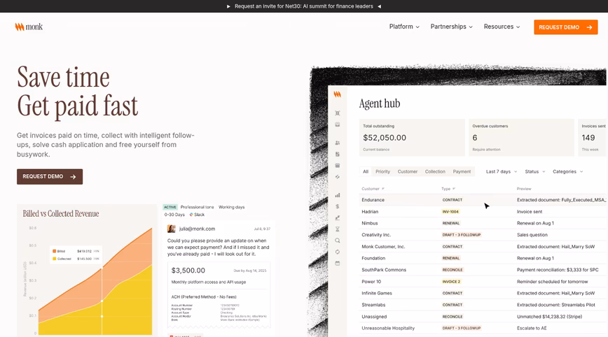 Monk homepage screenshot off white background with grafts and dashboard