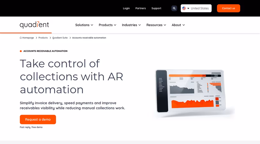 Quadient homepage, white background with black text 