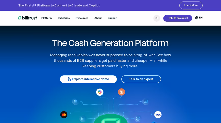 billtrust homepage, blue background with a demo button and a graphic representation of the integrations