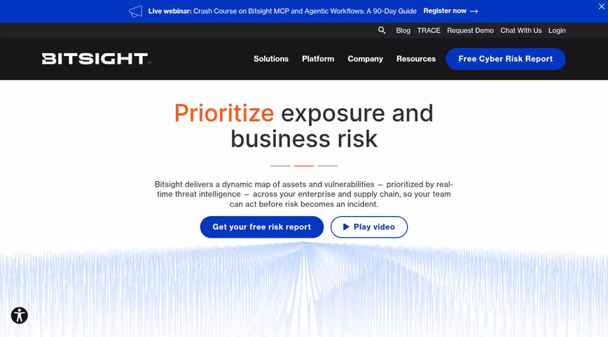 Bitsight homepage with the headline Prioritize exposure and business risk