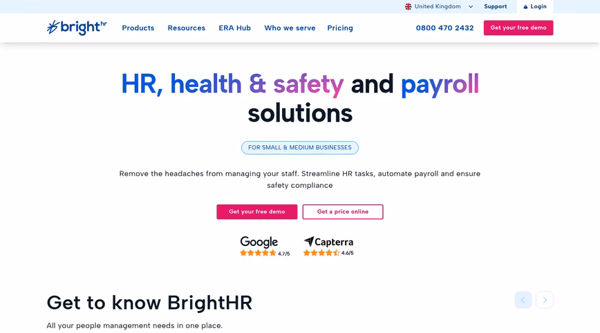 BrightHR homepage with the headline HR, health & safety and payroll solutions