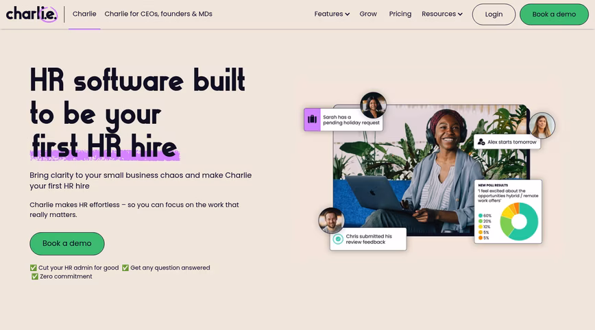 CharlieHR homepage with the headline HR software built to be your first HR hire