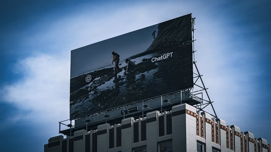 ChatGPT billboard with the OpenAI logo on top of a white art deco building in San Francisco, against a blue sky with clouds