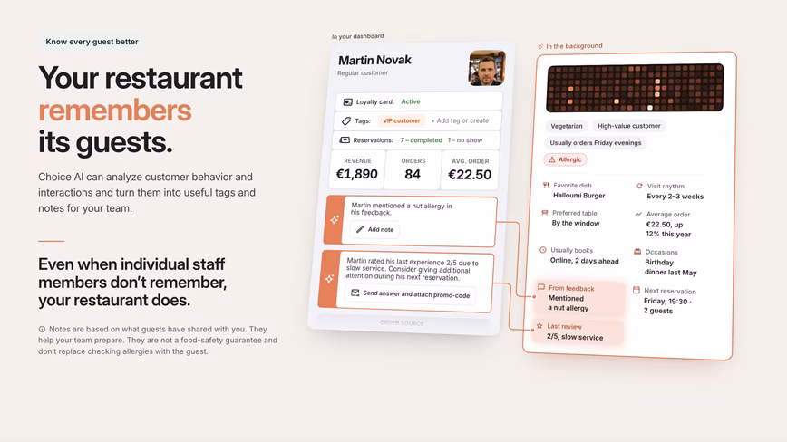 Choice AI guest profile showing a regular’s orders, tags such as vegetarian and allergic, favourite dish, and AI notes for staff