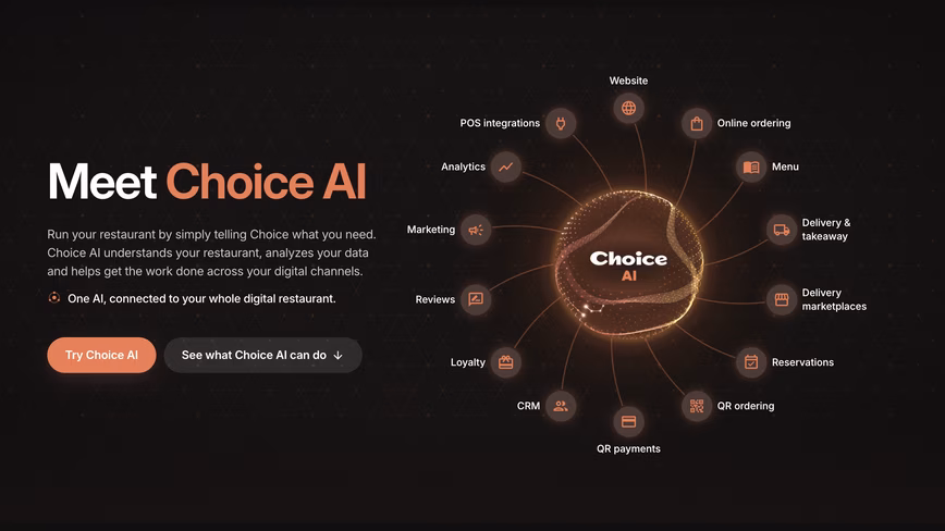 Choice AI graphic showing a glowing orb connected to 14 restaurant tools, including POS, menu, reservations, CRM, loyalty, and QR payments