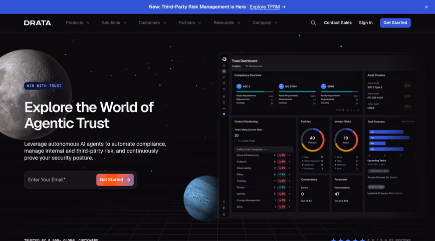 Drata homepage with the headline Explore the World of Agentic Trust and a trust dashboard