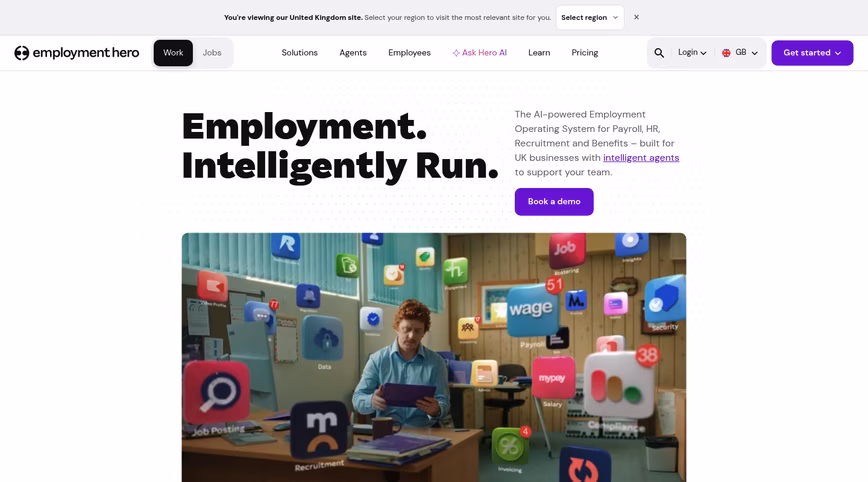 Employment Hero UK homepage with the headline Employment. Intelligently Run.