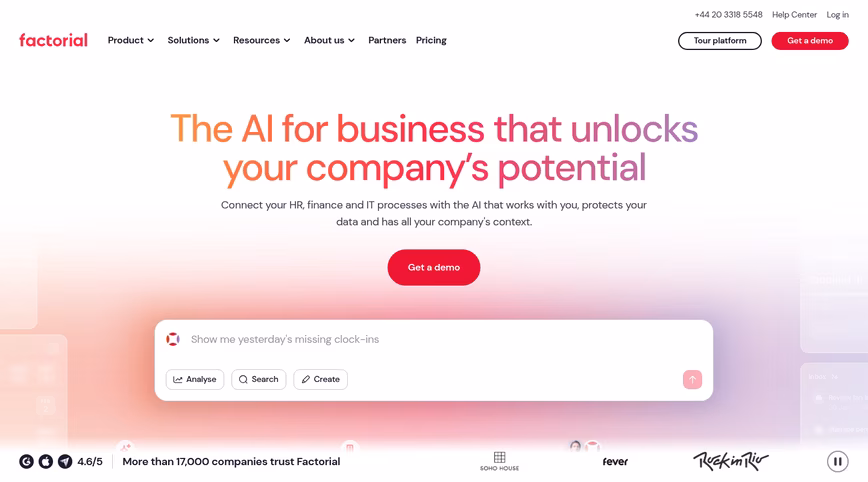 Factorial homepage with the headline The AI for business that unlocks your company’s potential