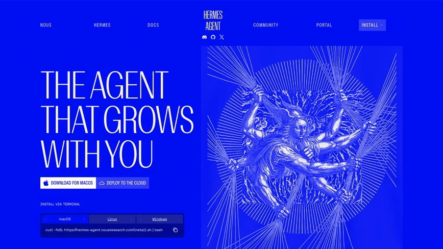 Hermes Agent homepage in bright blue, with the headline The agent that grows with you beside an engraving of a winged figure with many arms