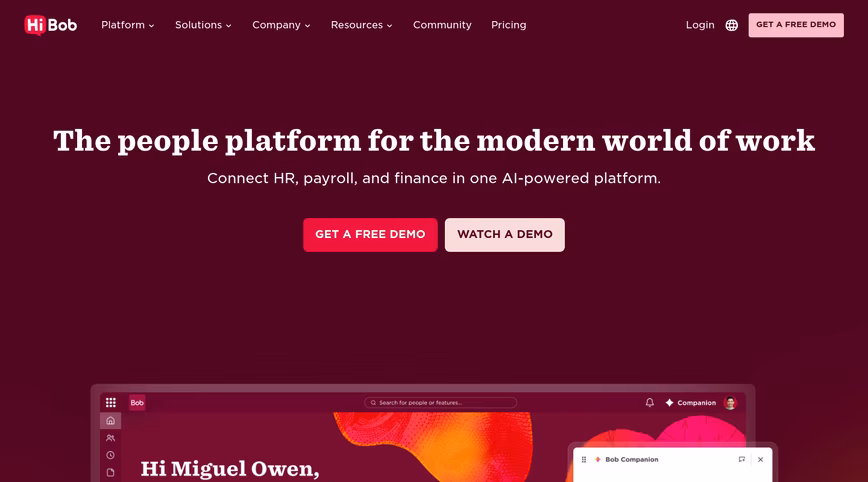 HiBob homepage with the headline The people platform for the modern world of work