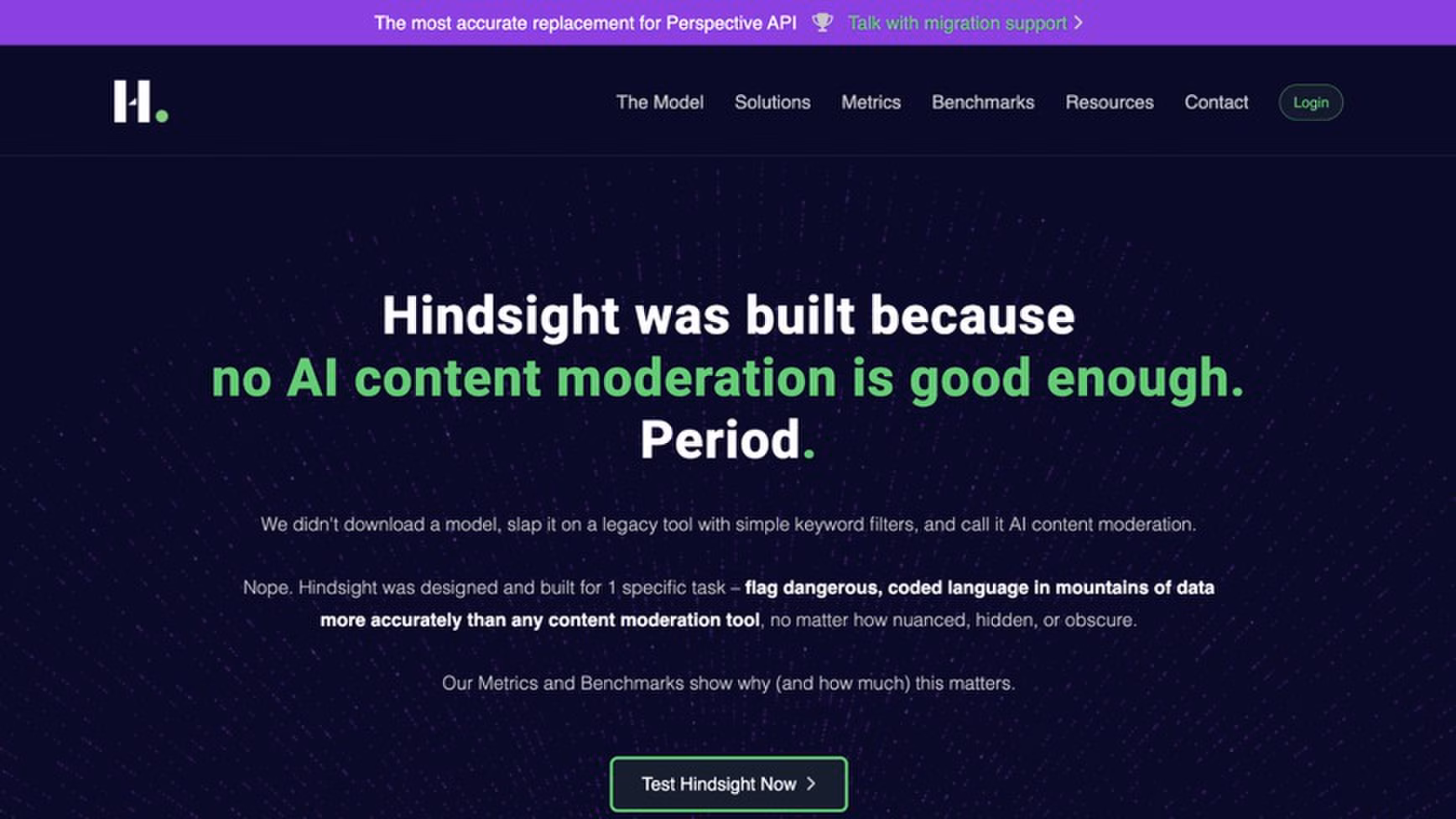 Hindsight AI’s homepage, with a headline reading that no AI content moderation is good enough.