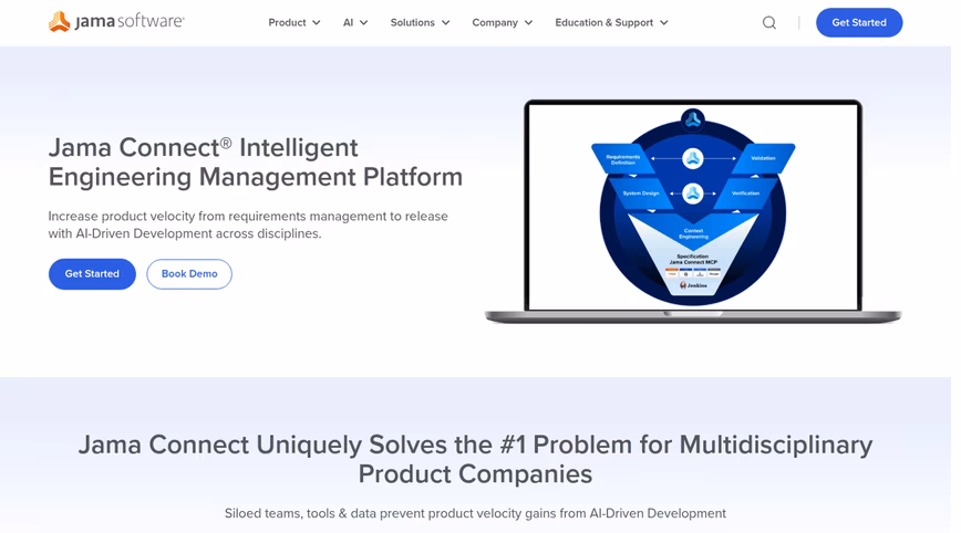 Jama Software page for the Jama Connect Intelligent Engineering Management Platform, with a laptop showing a circular platform diagram
