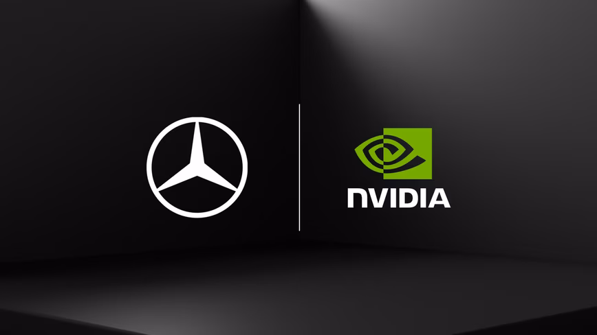 The Mercedes-Benz three-pointed star and the Nvidia logo side by side, separated by a thin white line, on a dark grey background