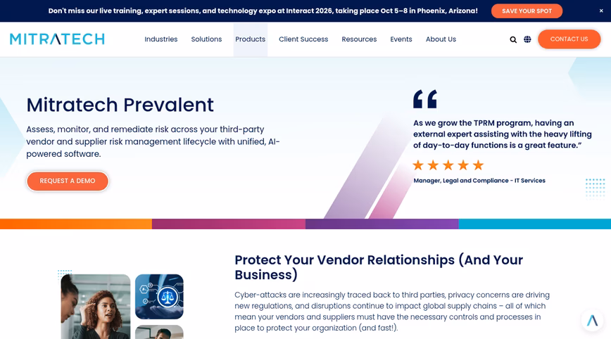 Mitratech Prevalent product page for third-party vendor and supplier risk management software
