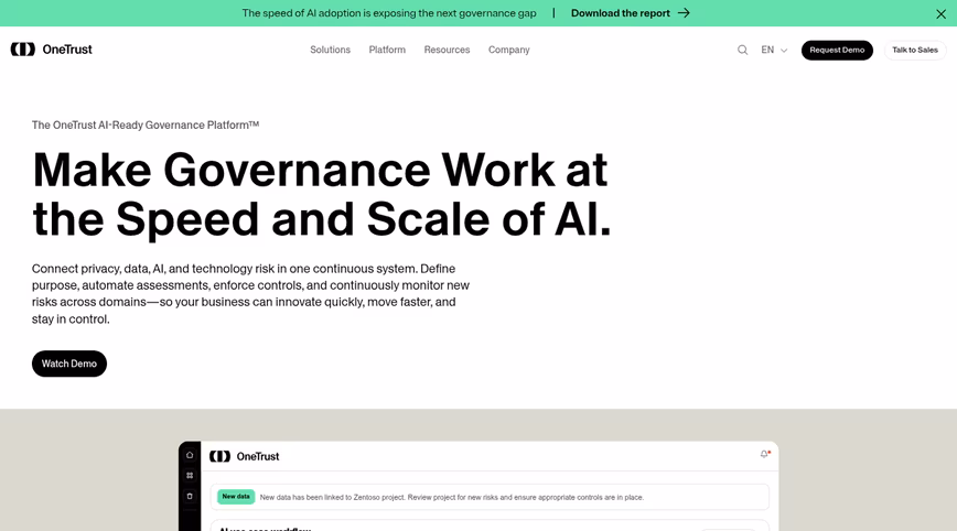 OneTrust homepage headline about making governance work at the speed and scale of AI