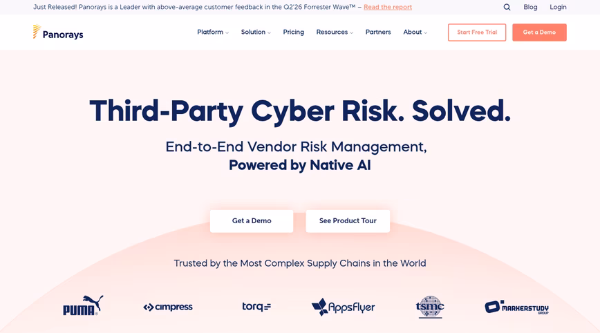 Panorays homepage with the headline Third-Party Cyber Risk. Solved. and customer logos