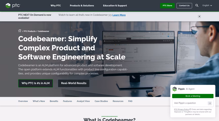 PTC Codebeamer product page with the headline Simplify Complex Product and Software Engineering at Scale