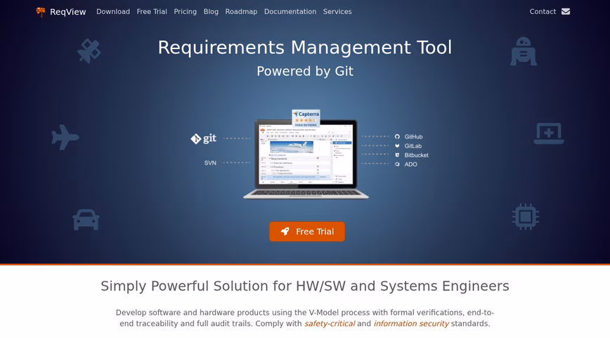 ReqView homepage with the headline Requirements Management Tool Powered by Git and a laptop showing a requirements document