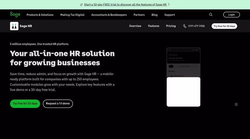 Sage HR web page with the headline Your all-in-one HR solution for growing businesses
