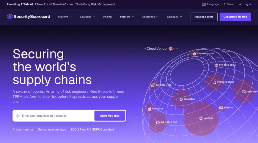 SecurityScorecard homepage with a globe of known vulnerabilities and the headline Securing the world's supply chains