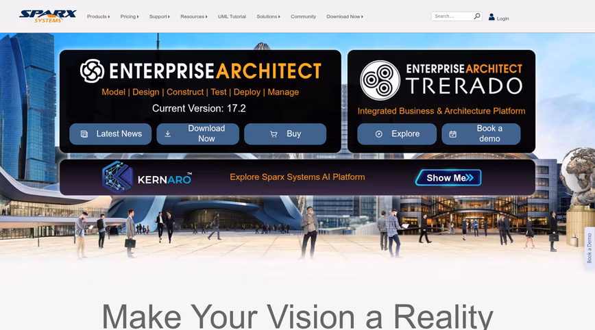 Sparx Systems homepage promoting Enterprise Architect version 17.2 over a city plaza