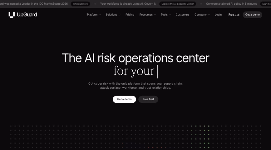 UpGuard homepage on a black background with the headline The AI risk operations center