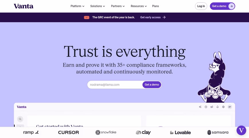 Vanta homepage with the headline Trust is everything and a llama mascot wearing compliance medals