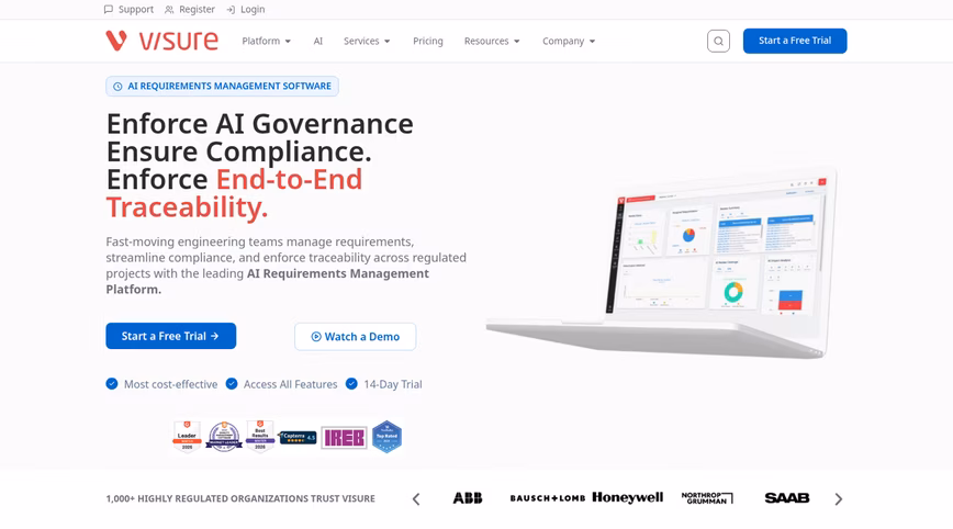 Visure homepage with the headline Enforce AI Governance, Ensure Compliance, Enforce End-to-End Traceability