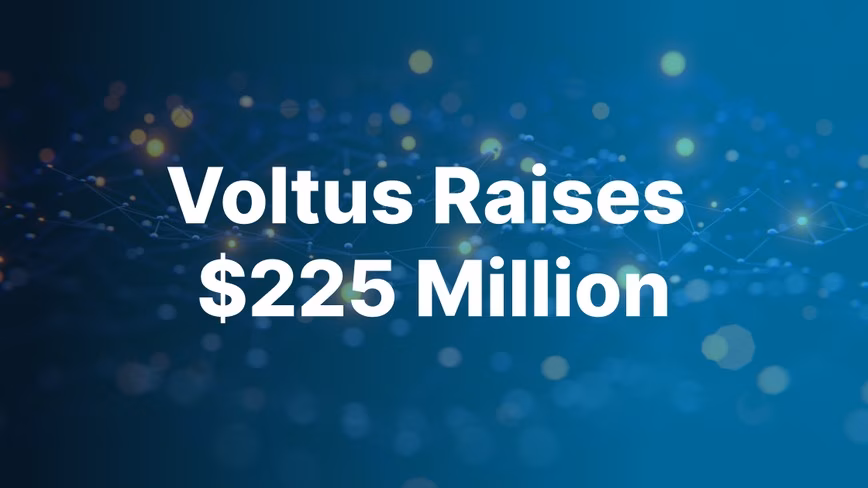 White text reading Voltus Raises $225 Million over a dark blue background of glowing network nodes and lines